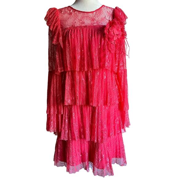BADGLEY MISCHKA | Pink Red Tiered Pleated Lace Bell Sleeve Dress | Size 2 - Picture 1 of 8